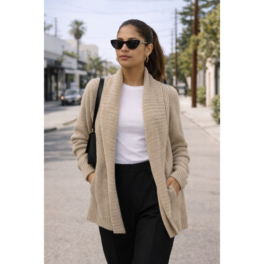 Vince Open Front Cardigan Sweater Beige Knit Shawl Collar Cable Knit Women's M
